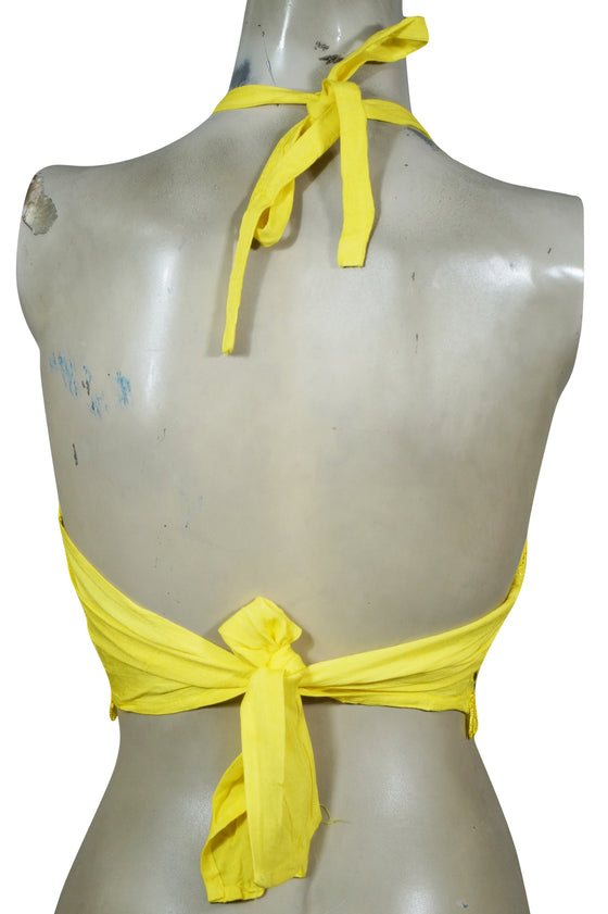 Women Halter Top, Yellow Tie Hand Embroidered Top S