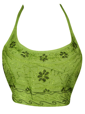 Women Crop Top Green Embroidery Halter Tops S