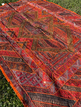 Vintage TAPESTRY Orange Red Hand Embroidered Patchwork Wall Hanging