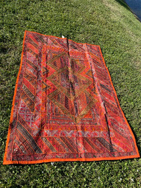 Vintage TAPESTRY, Orange Red Hand Embroidered Patchwork Wall Hanging