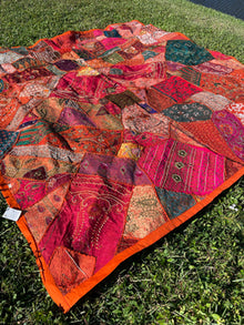  Indian Zardozi Bed Throw Tapestry Orange Pink Vintage Sari Tapestry