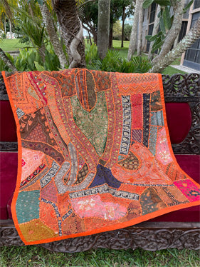 Sari Tapestry Orange Vintage Hand Embroidered Wall Hanging