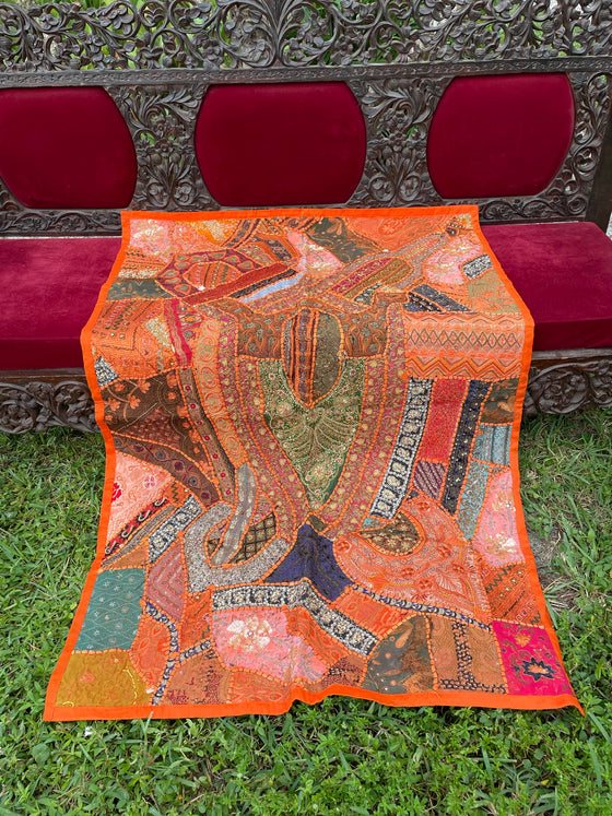 Sari Tapestry Orange Vintage Hand Embroidered Wall Hanging