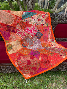  Zardozi Sari Tapestry Orange Hand Embroidered Patchwork Vintage Throw