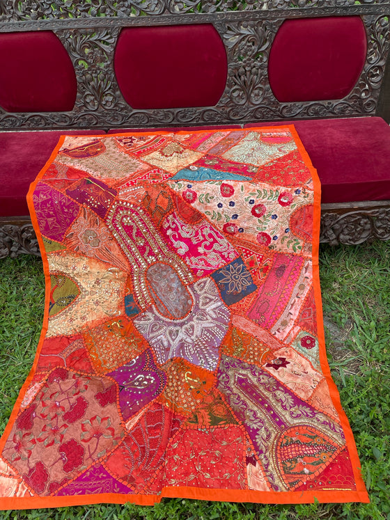 Zardozi Sari Tapestry Orange Hand Embroidered Patchwork Vintage Throw