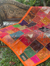 Indian Sari Tapestry Wall Hanging – Orange & Pink Embroidered Patchwork Boho Décor