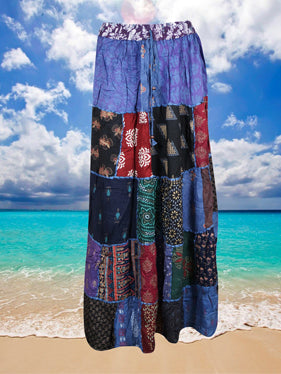 Women Vintage Assorted Maxi Patchwork Skirt  Blue Boho Skirt S/M/L