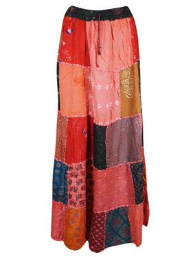 Womens Handmade Boho Patchwork Skirt, Red Maxi Skirts S/M/L