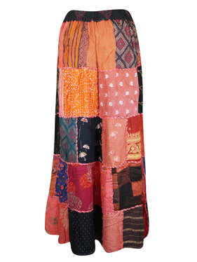 Womens Handmade Boho Patchwork Skirt, Red Maxi Skirts S/M/L