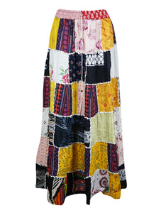  Womens Boho Patchwork Skirt, Yellow Black Maxi Patchwork Skirts S/M/L