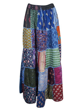 Womens Maxi Skirt, Blue Boho Hippie Festival PATCHWORK SKIRT S/M/L
