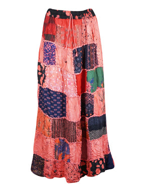 Patchwork Boho Maxi Skirt Red Handmade Skirts S/M/L