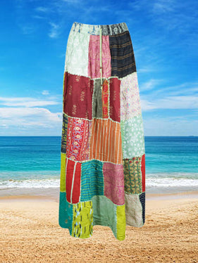 Womens Long Skirt, Floral Pink Print Patchwork Maxi Skirts S/M/L