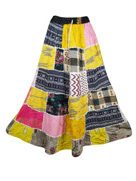 Womens Patchwork Maxi Yellow Boho Gypsy Skirt S/M/L