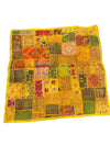 Vintage Yellow Sari Tapestry – Square Hand-Embroidered Patchwork Wall Hanging