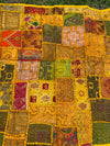 Vintage Yellow Sari Tapestry – Square Hand-Embroidered Patchwork Wall Hanging