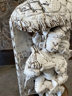 Vintage Radha Krishna Love Sculpture Hand Carved Wood Whitewash Statue