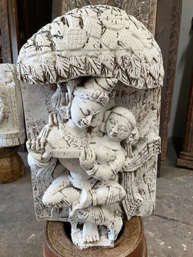 Vintage Radha Krishna Love Sculpture Hand Carved Wood Whitewash Statue