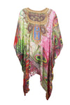 Women’s Pink Peacock Print Kaftan Dress – Flowy Boho Beach Kaftan, Loose Resort Wear size