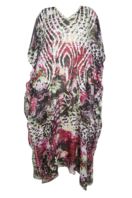 Pink & White Embroidered Kaftan Maxi Dress – Women’s Sheer Georgette Beach Caftan  L-4X