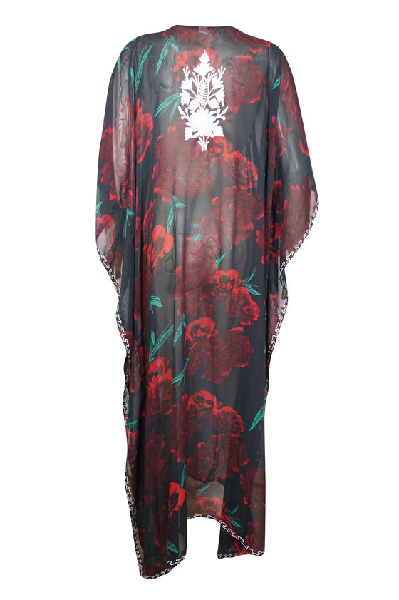 Black Sheer Caftan Maxi Dress – Embroidered Rose Boho Kaftan for Cruise & Travel  L-4XL