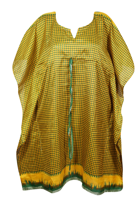 Womens Midi Caftan Dress, Green Yellow Check Print, Loose Beach Dress SML