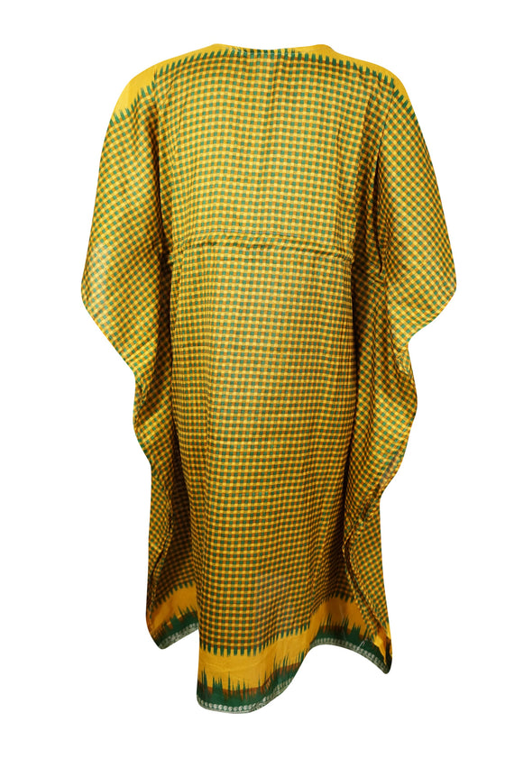 Womens Midi Caftan Dress, Green Yellow Check Print, Loose Beach Dress SML