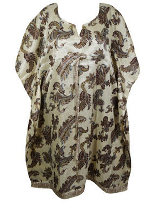 Women's Beige Brown Paisley Kaftan – Recycled Silk Handmade Midi Dress SML