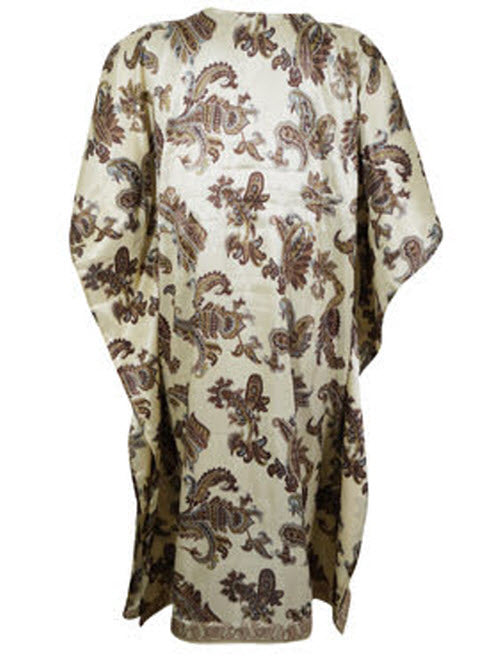Women's Beige Brown Paisley Kaftan – Recycled Silk Handmade Midi Dress SML
