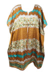 Women Vintage Silk Midi Kaftan Dress Orange Blue Printed Handmade Dress SML