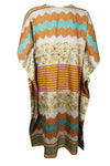 Women Vintage Silk Midi Kaftan Dress Orange Blue Printed Handmade Dress SML