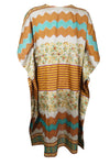 Women Vintage Silk Midi Kaftan Dress, Orange Blue Printed Handmade Dress SML