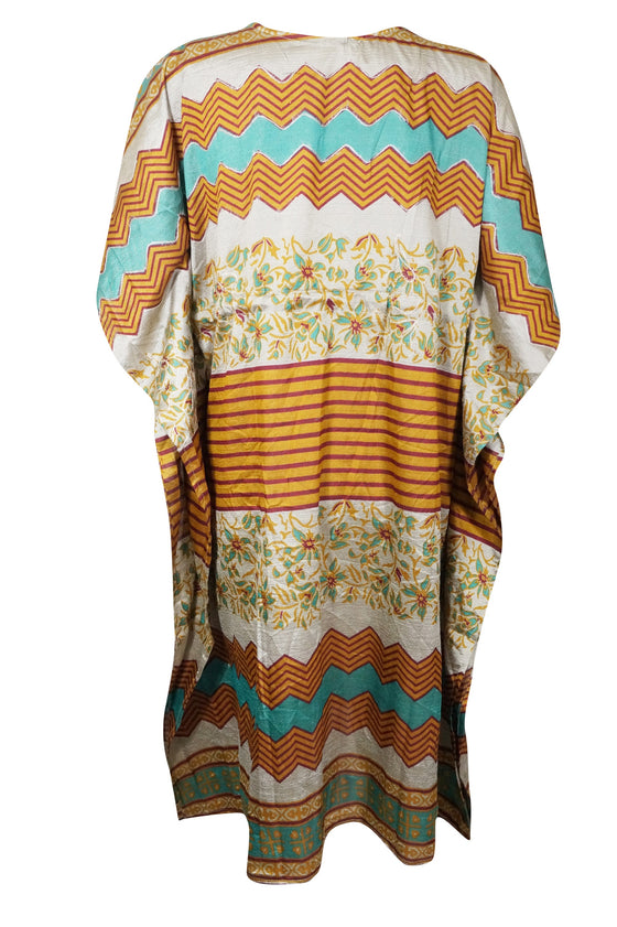 Women Vintage Silk Midi Kaftan Dress Orange Blue Printed Handmade Dress SML