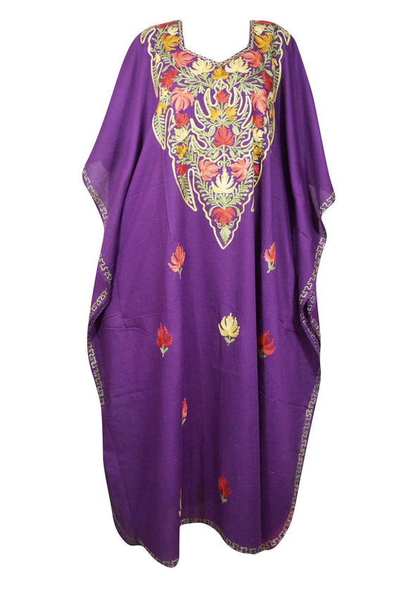 Women's Kaftan Maxi Dress, Purple Boho Beach Cotton Embroidered Lounger Caftans, L-3XL