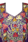 Women's Kaftan Maxi Dress, Purple Boho Beach Cotton Embroidered Lounger Caftans, L-3XL