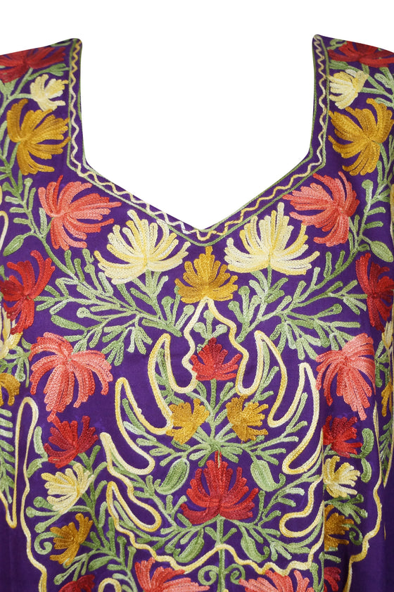 Women's Kaftan Maxi Dress, Purple Boho Beach Cotton Embroidered Lounger Caftans, L-3XL