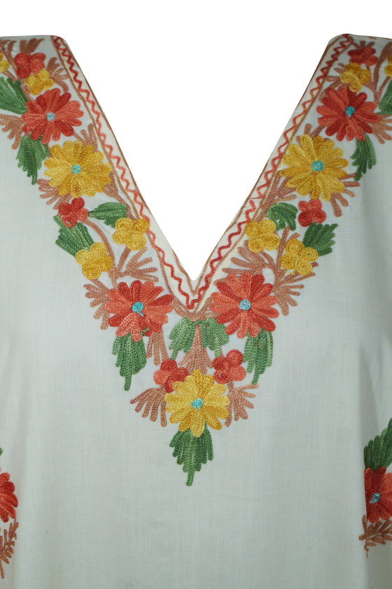 Womens Maxi Caftan Dress, Lime Yellow Embroidery Dress, Loose Housedress, Cotton Caftan, Resort Wear, Gift For Mom 3XL