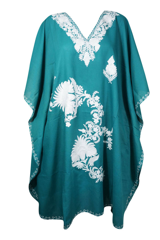 Womans Maxi Kaftan Dress Teal Kashmiri Embroidered Boho Caftan Dresses 3XL