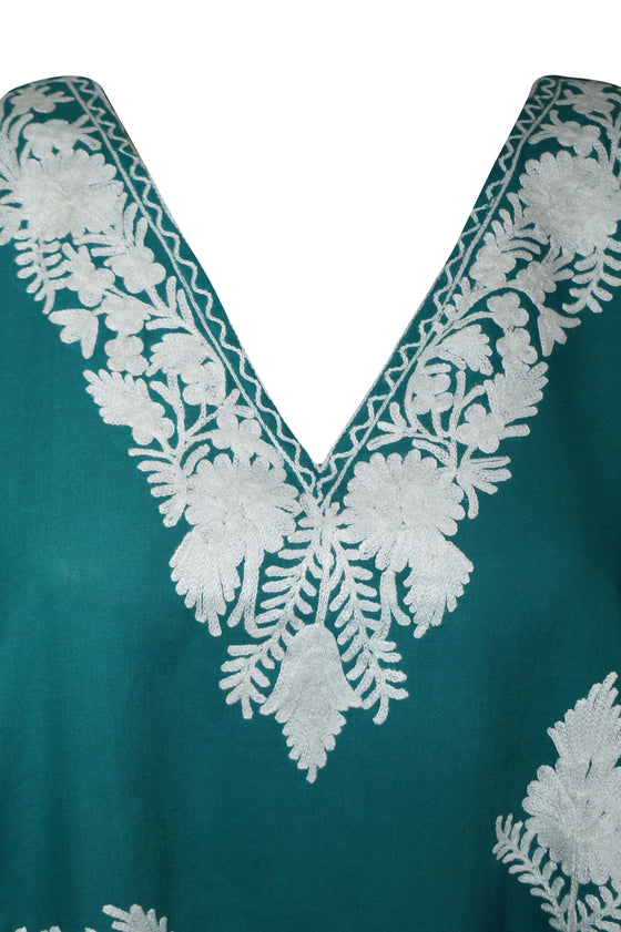 Womans Maxi Kaftan Dress Teal Kashmiri Embroidered Boho Caftan Dresses 3XL