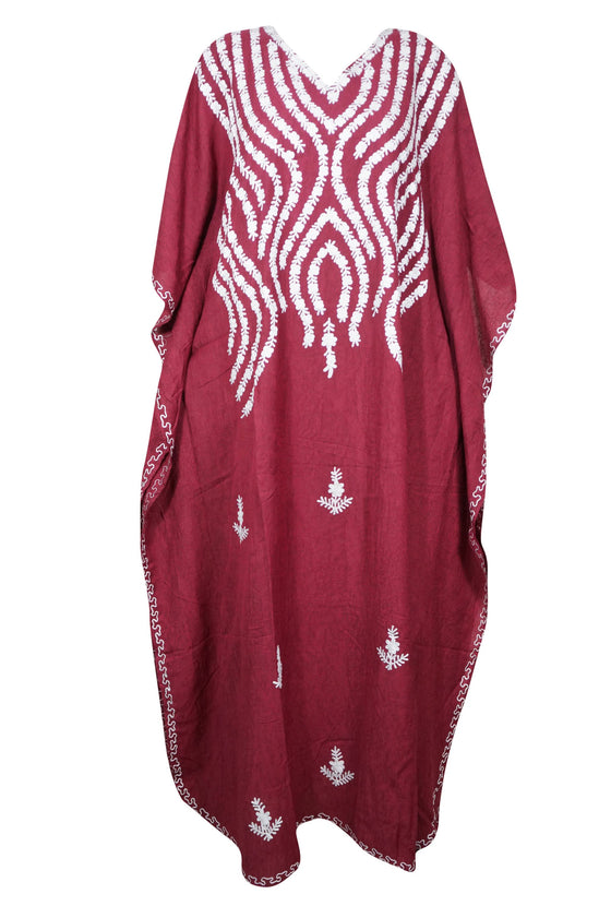 Maroon Embroidered Maxi Kaftan Womens Cotton Caftan, Resort Travel Dress L-4XL