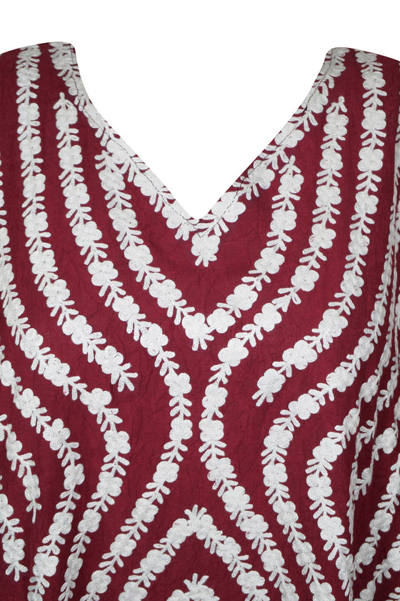 Maroon Embroidered Maxi Kaftan Womens Cotton Caftan, Resort Travel Dress L-4XL