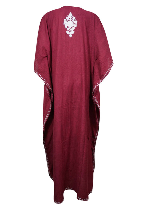 Maroon Embroidered Maxi Kaftan Womens Cotton Caftan, Resort Travel Dress L-4XL