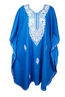  Embroidered Kaftan Blue Kimono Cotton Caftan Resort Dress One Size