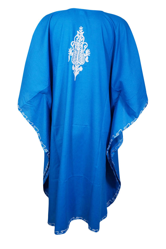 Embroidered Kaftan Blue Kimono Cotton Caftan Resort Dress One Size
