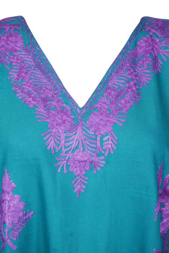 Embroidered Kaftan Teal-Isious Kimono Cotton Cover Up Resort Dress One Size
