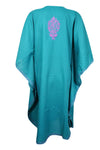 Embroidered Kaftan Teal-Isious Kimono Cotton Cover Up Resort Dress One Size