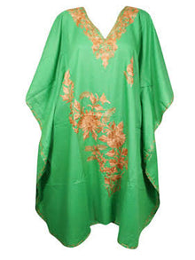  Bohemian Lime Green Muumuu, Embroidered Resort Wear, Cover Up, Floral Caftan Midi Dress, L-4XL