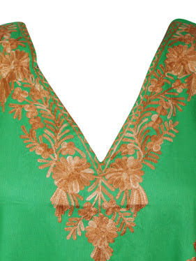 Bohemian Lime Green Muumuu, Embroidered Resort Wear, Cover Up, Floral Caftan Midi Dress, L-4XL