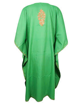 Bohemian Lime Green Muumuu, Embroidered Resort Wear, Cover Up, Floral Caftan Midi Dress, L-4XL