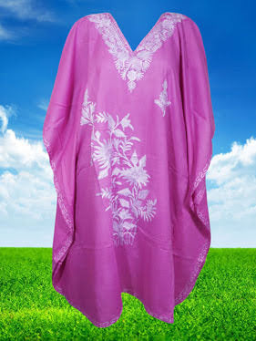 Bohemian Floral Muumuu, Kimono Kaftan, Soft Purple, Cotton Embroidered Summer Mididress L-4XL